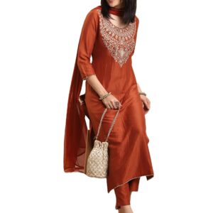 GoSriKi Women's Rayon Viscose Straight Embroidered Kurta with Pant & Dupatta