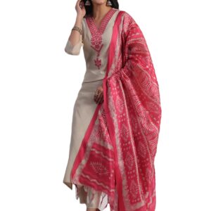 GoSriKi Women's Rayon Blend Embroidered Straight Kurta with Pant & Dupatta