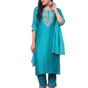 VredeVogel Women's Silk Blend Embroidered Kurta with Pant & Nazmin Border Lace Dupatta Set