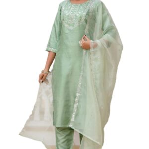VredeVogel Women's Silk Blend Embroidered Kurta with Pant & Dupatta Set