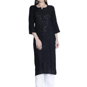 Seva Chikan Hand Embroidered Cotton Blend Lucknowi Chikankari Women's Kurta Kurti with Muqaish Embellishment SCL4115