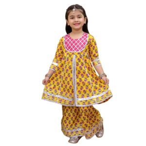 superminis Girls Cotton Floral Printed Gotta Work 3/4 Sleeves Kurti and Matching Sharara Ethnic Wear Set