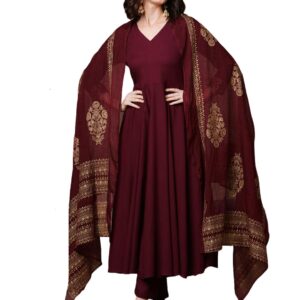 GoSriKi Women's Rayon Blend Solid Anarkali Kurta with Pant & Dupatta