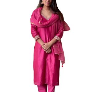 GoSriKi Women's Rayon Blend Straight Embroidered Kurta with Pant & Dupatta