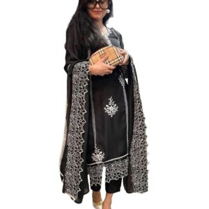 GoSriKi Women's Rayon Blend Straight Embroidered Kurta with Pant & Dupatta