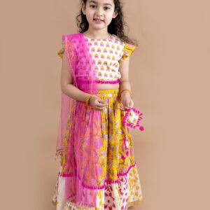 Pspeaches Girls Cotton Printed Ready To Wear Readymade Lehenga And Choli Set (Yellow)