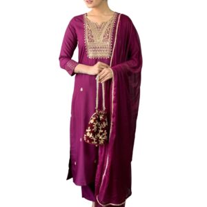 Naixa Women's Rayon Slub Embroidered Straight Kurta with Pant and Dupatta Sets (NX-554)