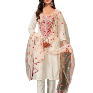 LookMark Women's Embroidered Cotton Kurta Set: This Elegant Ensemble for Special & Casual Wear, Includes a Straight Kurta, Pants & Dupatta - a Perfect Blend of Style & Comfort
