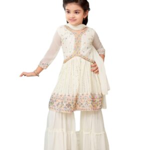 Aarika Girls Ethnic Wear Cream Colour Thread Sequin Embroidery Georgette Kurti Sharara Set