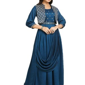 madhuram Women's Long Gown for Solid Silk with Heavy Embroidery and Hand Work Belt and Jacket with Round Neck Gown(M-2424)