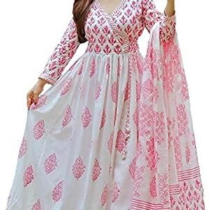 MEERA FAB Women's Cotton Printed White Anarkali Kurta with Palazzo & Dupatta Set