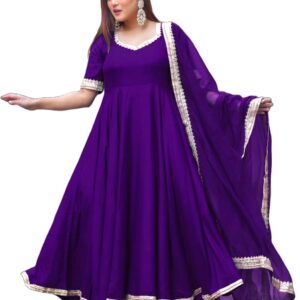 GoSriKi Women's Rayon Blend Anarkali Solid Kurta with Pant & Dupatta