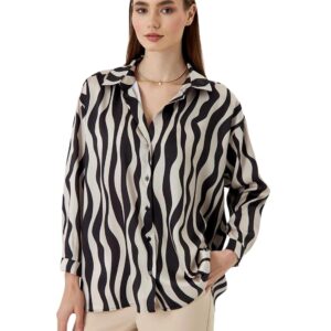 GRECIILOOKS Women's Short Sleeve Button-Down Shirt | Printed Casual Crop Top | Stylish Collared Shirt for Women | Oversized Shirt for Woman