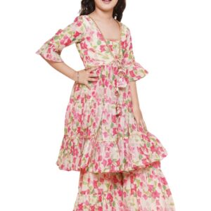 Preneum Girls Floral Printed Angrakha Style Cotton Kurta with Sharara & Dupatta | Traditional Ethnic Wear for Kids | Festive & Party Outfit (PN-KDKK$Parent-3)