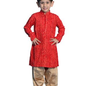VASTRAMAY Boys' Blue and Rose Gold Kurta Patiala Set | Gold Bandhani And Foil Print Rayon Kurta With Pyjama for Navratri, Diwali & Festive Celebrations - Stylish and Comfortable Indian Outfit for Kids