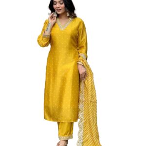 Yashika Women Silk Blend Table Print Kurta Pant Set with Mal Cotton Digital Print Dupatta and Embroidery Work Suitable For Every Indian Occasion