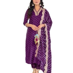 Naixa Women's Vichitra Silk Cotton Lining Embroidered Straight Kurta with Pant and Dupatta Sets (NX-470)