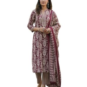Leriya Fashion Women's Printed Rayon Kurta Set with Pant and Dupatta, A-Line Design, 3/4 Sleeves, Comfortable Ethnic Wear for Festive, Casual, Office & Wedding Occasions