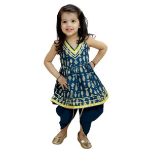 BownBee Halter Neck Pure Cotton Fish Print Kurti with Harem for Girls- (Set of 1) Solid/Printed colorful full length fully stitched regular fit Ethnic wear dress for Kids