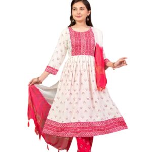 Aarika Girls Ethnic Wear Cream Rani Colour Foil Print Rayon Kurti