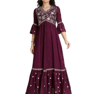 Madhuram Women's Vichitra Silk Crus Traditional Ethnic Long Gown with Sequence Embroidery Work Long Kurta(M-2445)