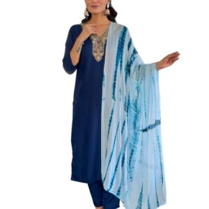 Naixa Women's Slub Magic Embroidered Straight Kurta with Pant and Dupatta Sets (SRS-109)