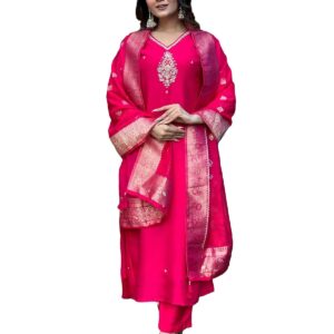 ANNI DESIGNER Women's Silk Blend Straight Embroidered Kurta with Pant & Dupatta