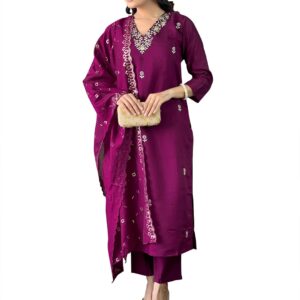 Naixa Women's Viscose Silk Embroidered Straight Kurta with Viscose Chanderi Pant and Chanderi Embroidered Dupatta Sets (S-Zarna)