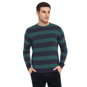 Cantabil Striped Navy Blue Round Neck Full Sleeves Regular Fit Mens Casual Sweater | Casual Winter Sweater for Men | Mens Sweater for Winter Wear (P_MSWL00087_Navy)