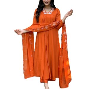 GoSriKi Women's Rayon Blend Anarkali Thread Work Kurta with Pant & Dupatta