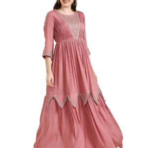 Madhuram Women's Chinon Chiffon Traditional Ethnic Long Western Dress with Embroidery Work Long Kurta(M-2361)