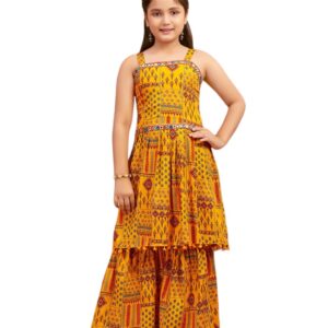 Aarika Girls Ethnic Wear Yellow Colour Printed Mirror Lace Polyester Kurti Sharara Set