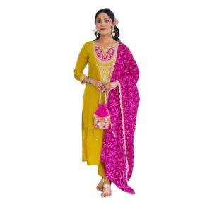 Naixa Women's BSY Viscose Embroidered Straight Kurta with Pant and Dupatta Sets (NX-628)
