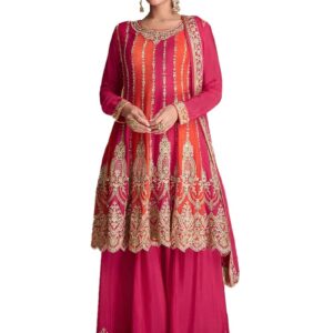 Miss Ethnik Women's Pink and Orange Color Traditional Chinon Embroidered Stitched Kurta Palazzo Set With Embroidered Dupatta (ME-1132-Pink)