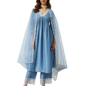 FIORRA Women's Silk Blend Embroidered Nayra Cut Kurta Palazzo With Dupatta Set
