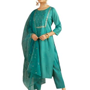 Kaari Women's Hand Embroidered Kurta Set with Dupatta - Straight Fit | Silk Blend Fabric with Dabka Work | Sequin Work Organza Dupatta | Straight Pant with Side Pocket | Kurta Set For Women
