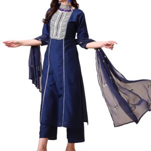 EthnicJunction Women's Cotton Silk EID Special Embroidered Kurta Palazzo and Dupatta Set | eid Outfits for Women