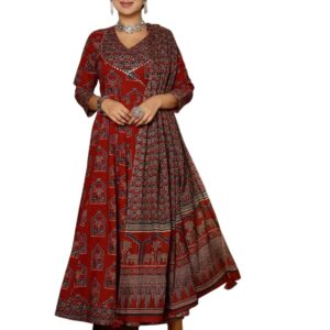 GEKHA|Women's Red Cotton Printed Flared Kurta with Cotton Pant and Cotton Printed Dupatta Sets | Ethnic Set | Dupatta Set | Suit Set | Kurta Set | Wedding Suit Set