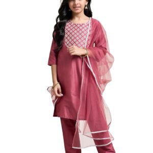 Amazon Brand - Symbol Girl's Rayon Ethnic Wear Embroidered Kurta Set with Net Dupatta