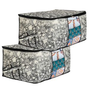 Amazon Brand - Solimo Metalic 2 Pieces Non Woven Underbed Storage Bag, Cloth Organiser, Blanket Cover With Transparent Window, Flower-Black