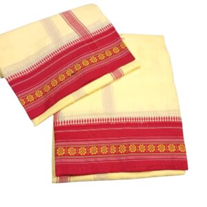 Rameshwaram Fabrics Cream-Beige Color Cotton Silk Dhoti for men, Soft & Comfortable Fabrics, Pooja Dhoti Set with Angwastram 9-5