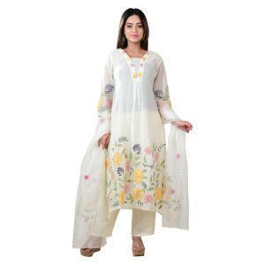 Women's Floral Embroidered Kurta Set with Dupatta | Elegant Ethnic Suit for Festive & Casual Wear (White-Kurti)