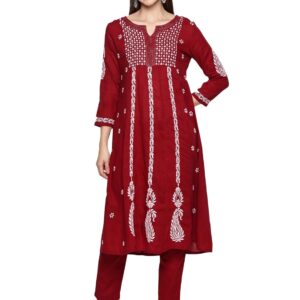 Cotton Hand Embroidered Lucknowi Chikankari Long Round Neck Women's Kurti Kurta