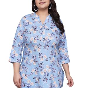 Tissu Women's Plus Size Sky Blue Floral Printed Pure Cotton Kurti