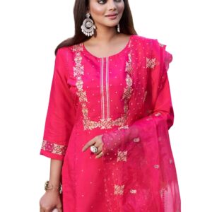 INDO ERA Women's Silk Blend Straight Kurta & Pant With Dupatta Set