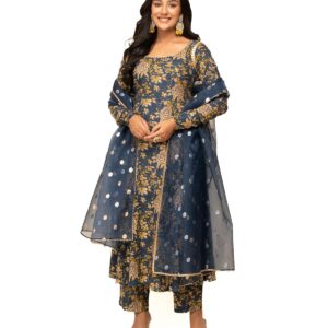 FIORRA Women's Navy Blue Cotton A-line Kurta with Pant and Dupatta