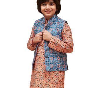 VASTRAMAY Boys' Blue Nehru Jacket | Classic & Elegant Sleeveless Moroccan Pattern Printed Silk Blend Jacket for boys - Navratri Special Traditional Ethnic Waistcoat - Perfect for Festivals, Weddings