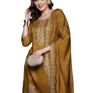 INDO ERA Women's Cotton Blend Embroidered Straight Kurta Pant And Dupatta Set