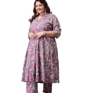 Stylum Plus Size Women Floral Printed Rayon Kurta Pant Set (CSNAINAPURPLEPLUS50_Mauve, 5XL)
