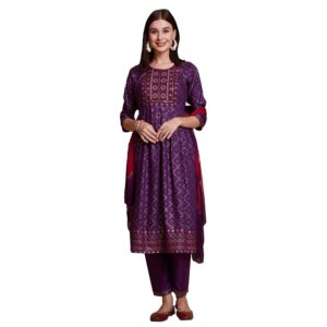 Women's Mirror Work Embroidery Kurta Set with Straight Pants & Poly Chiffon Dupatta - Traditional Ethnic Wear